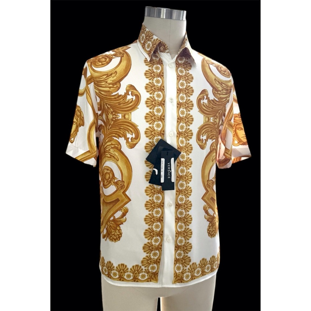 NWT VERSACE Barocco Men's Yellow/Gold Short Sleeve Silk Shirt